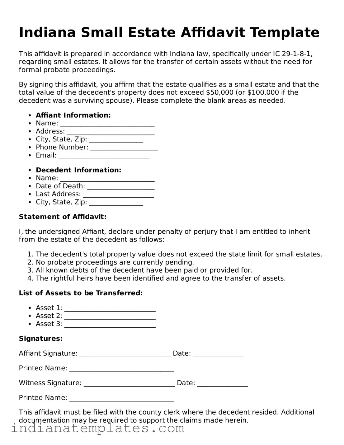 Free Indiana Small Estate Affidavit Template