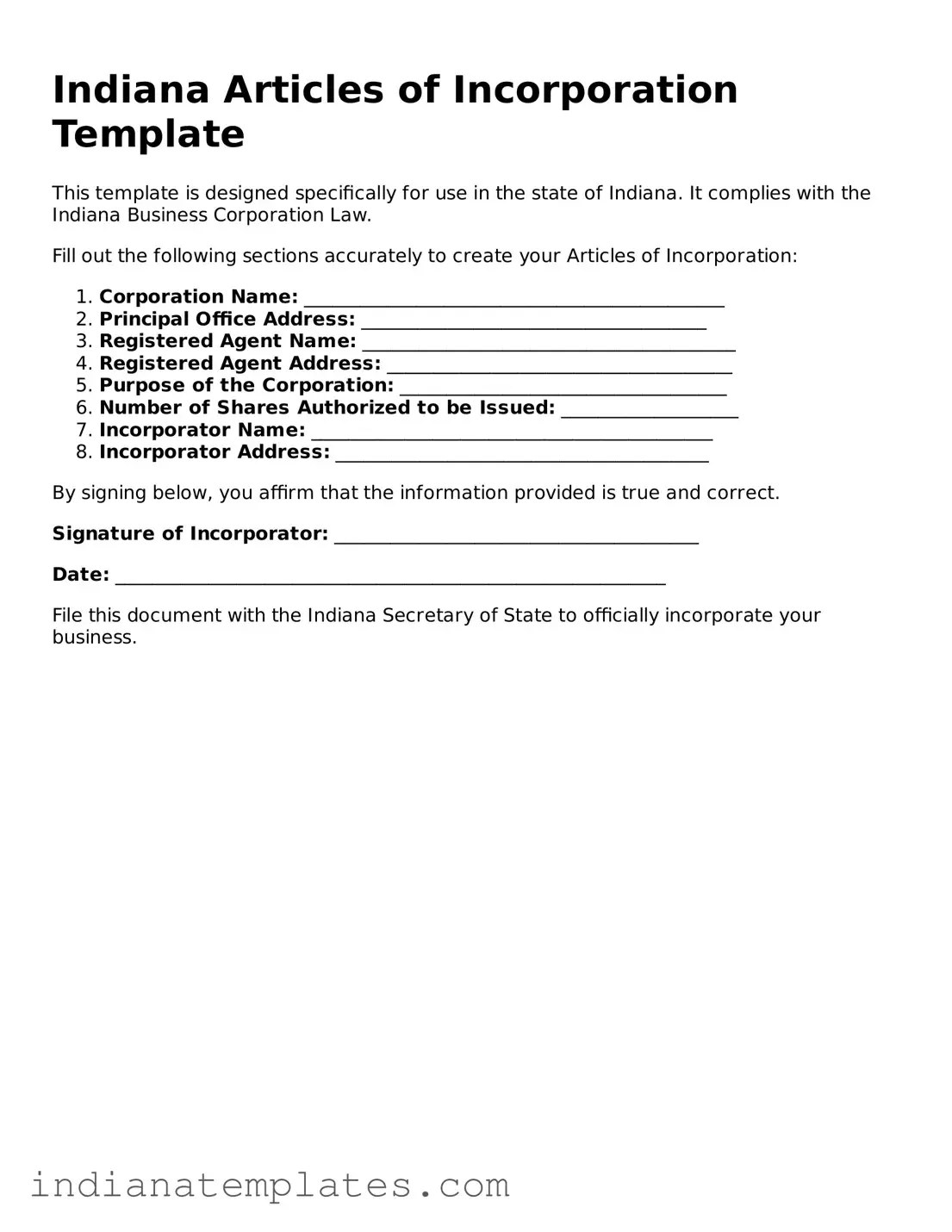 Free Indiana Articles of Incorporation Template