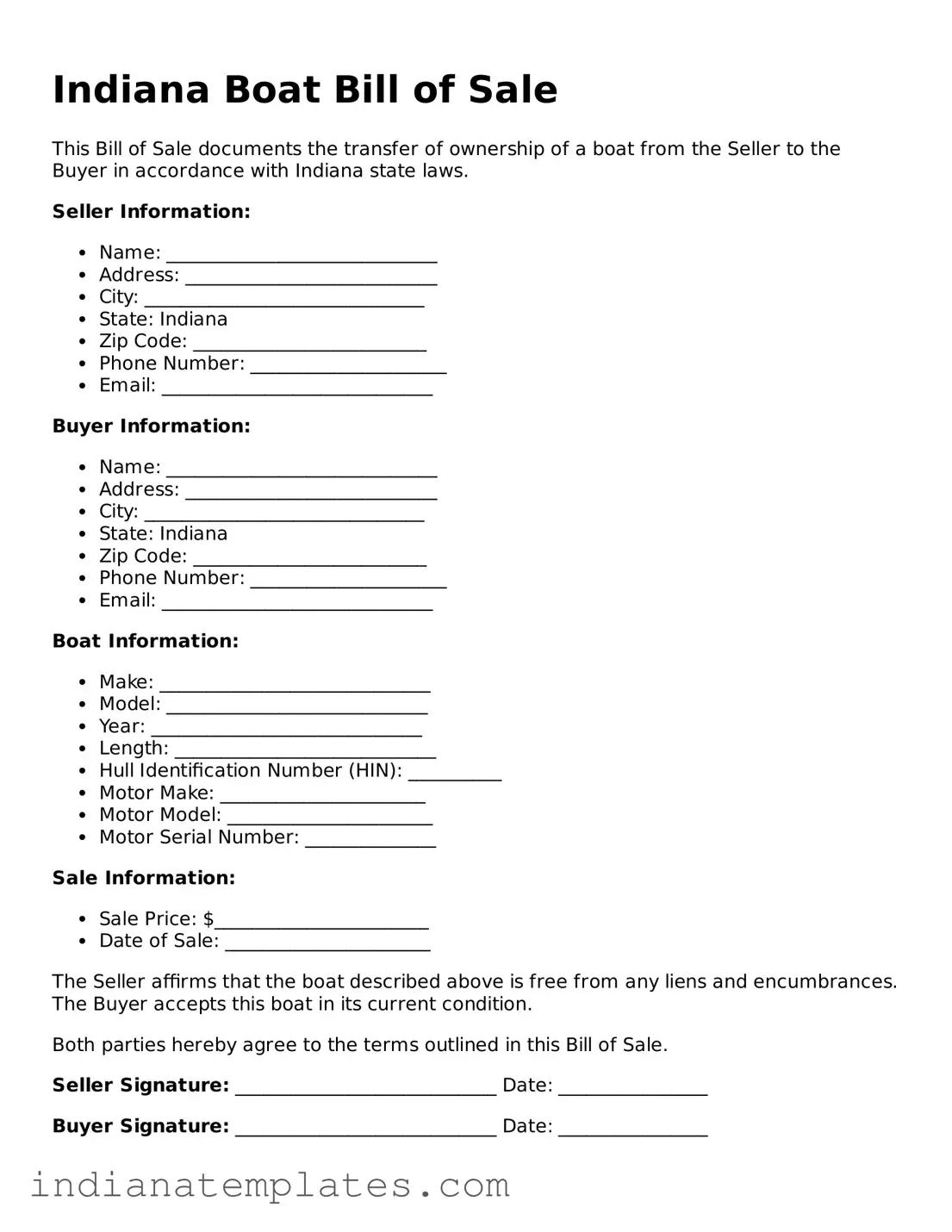 Free Indiana Boat Bill of Sale Template