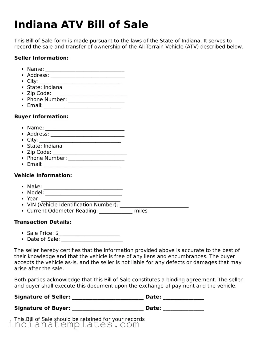 Free Indiana ATV Bill of Sale Template