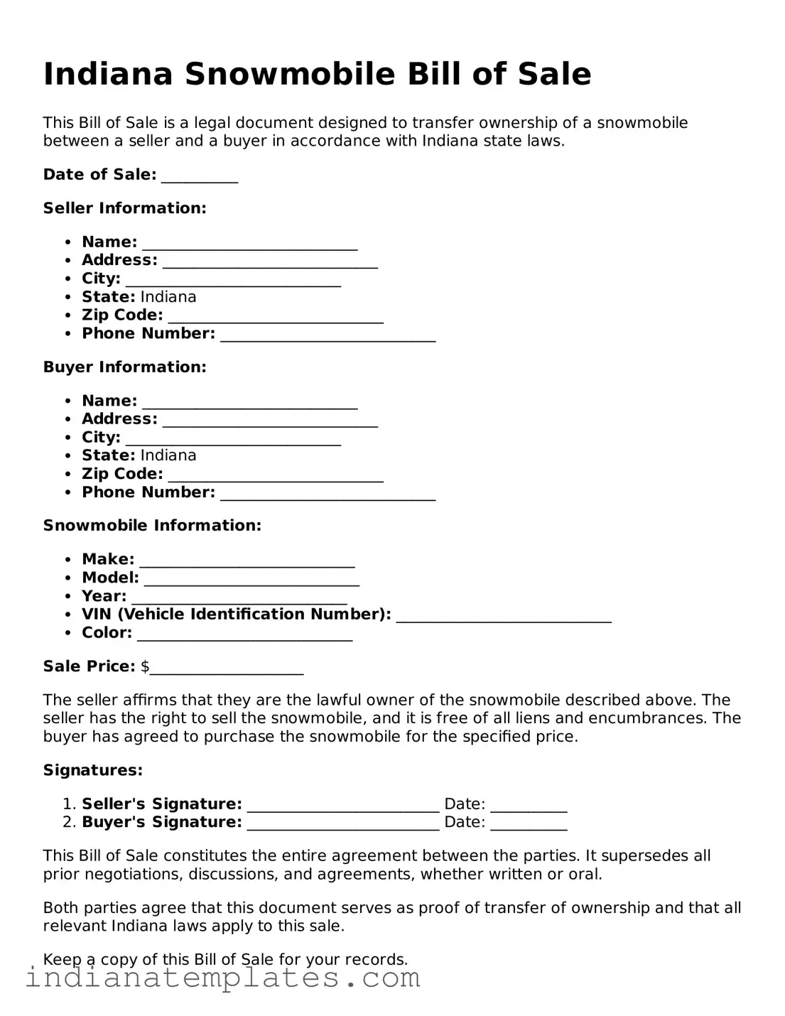 Free Indiana Snowmobile Bill of Sale Template