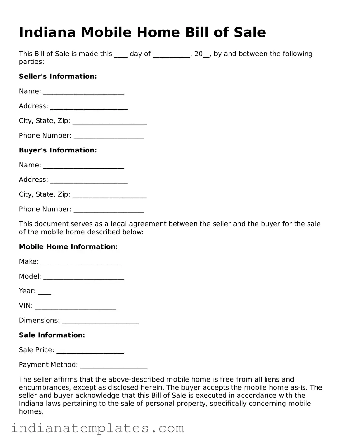 Free Indiana Mobile Home Bill of Sale Template