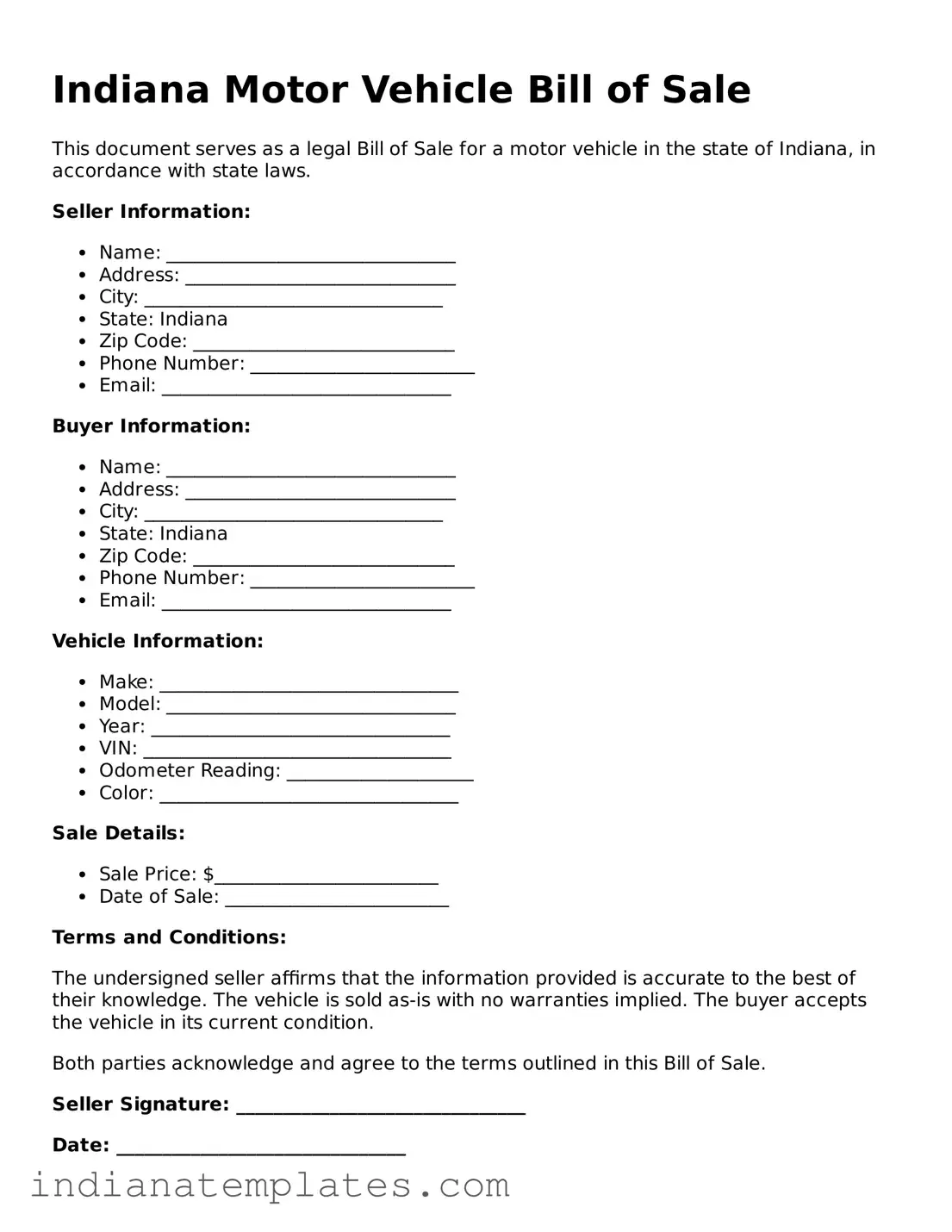 Free Indiana Motor Vehicle Bill of Sale Template