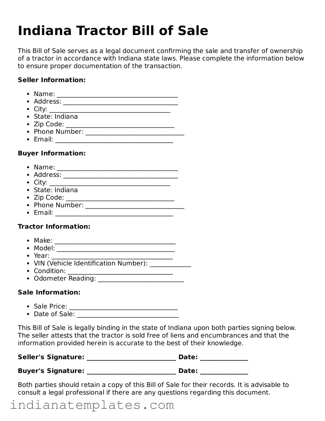 Free Indiana Tractor Bill of Sale Template
