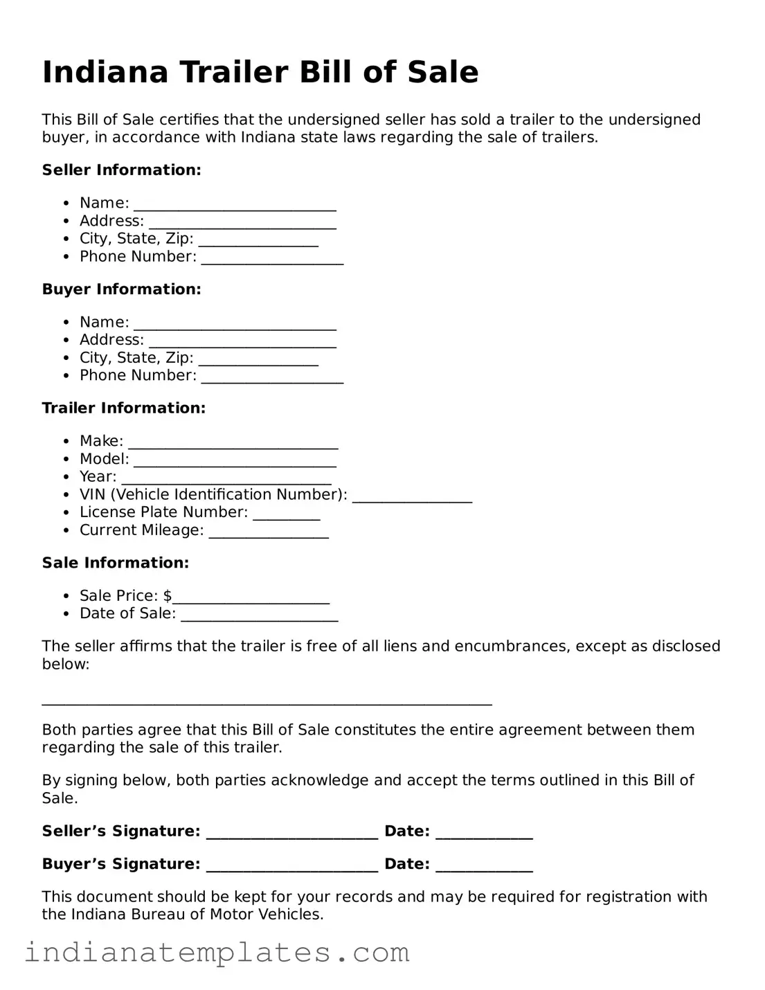 Free Indiana Trailer Bill of Sale Template