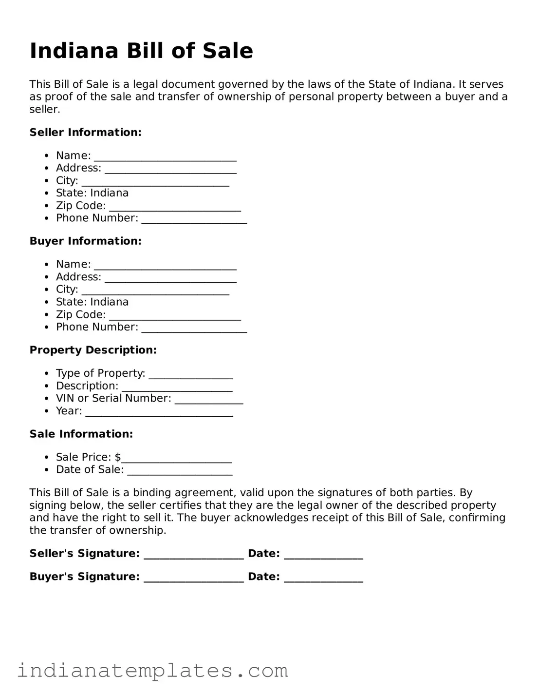 Free Indiana Bill of Sale Template
