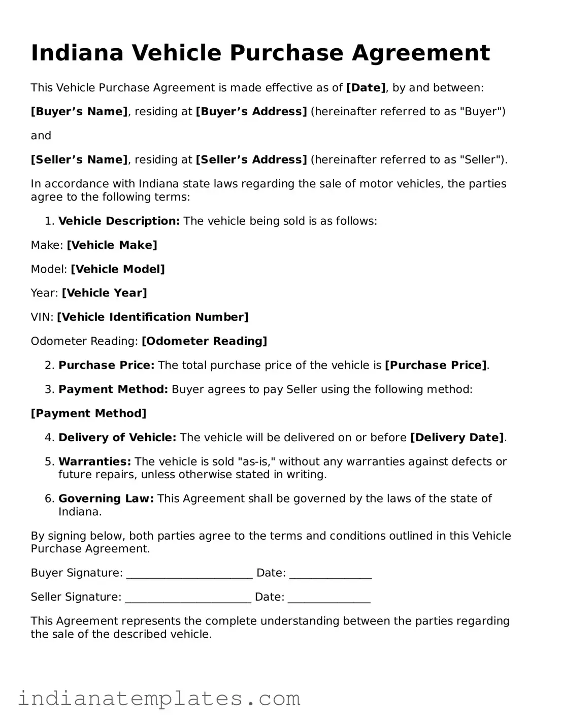 Free Indiana Vehicle Purchase Agreement Template