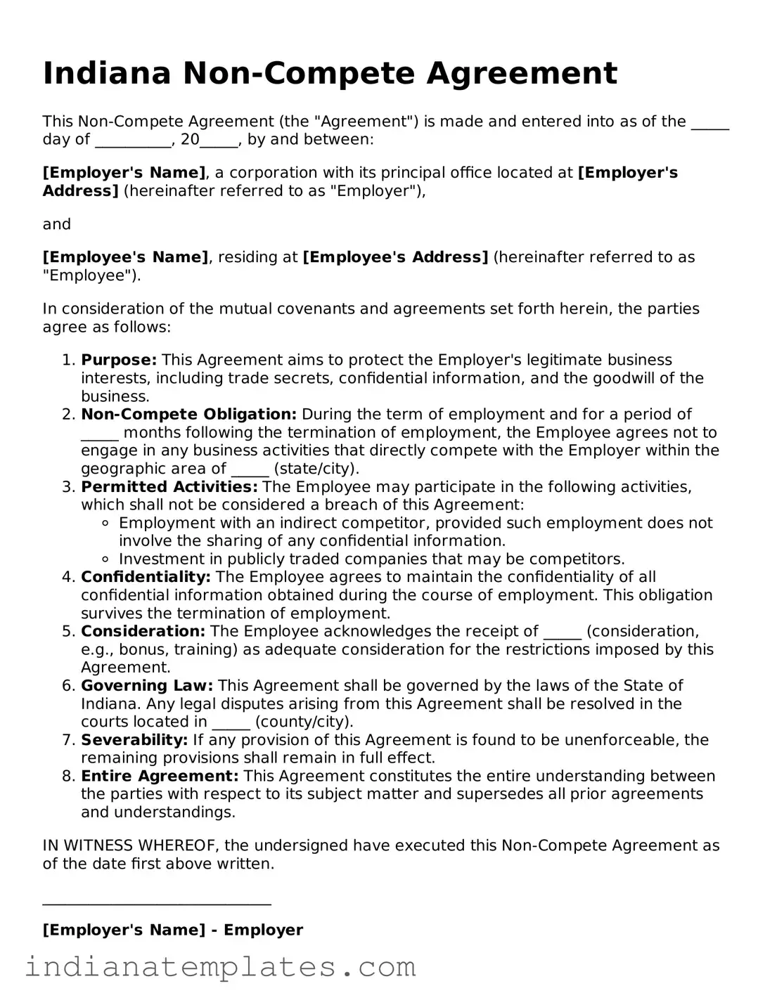 Free Indiana Non-compete Agreement Template