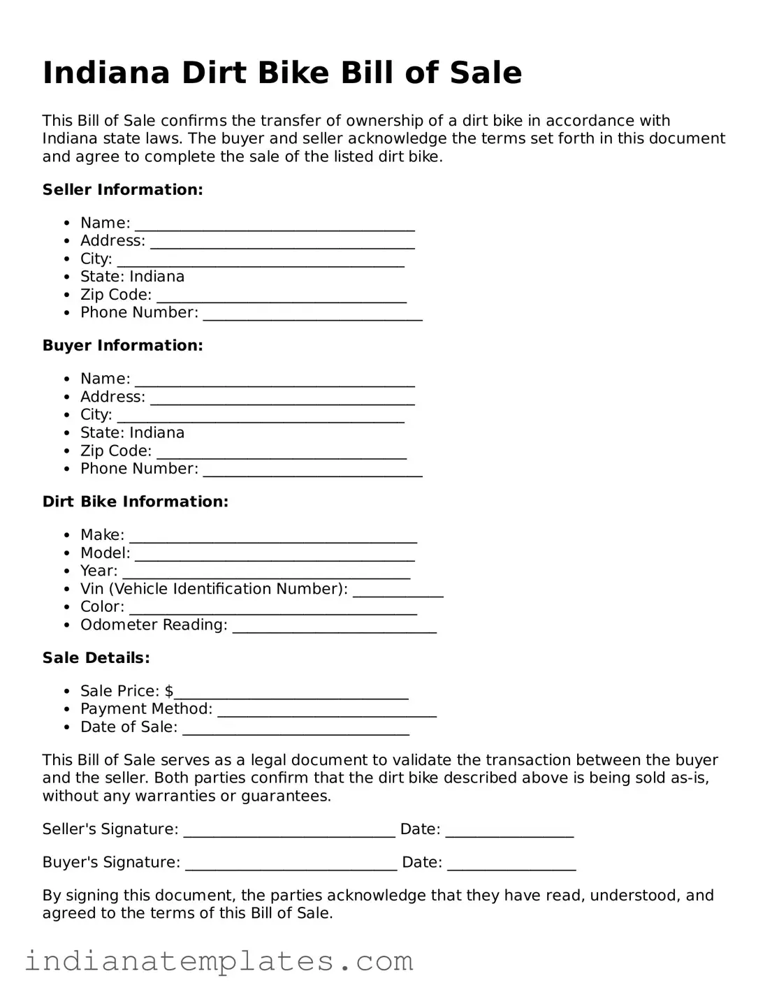 Free Indiana Dirt Bike Bill of Sale Template