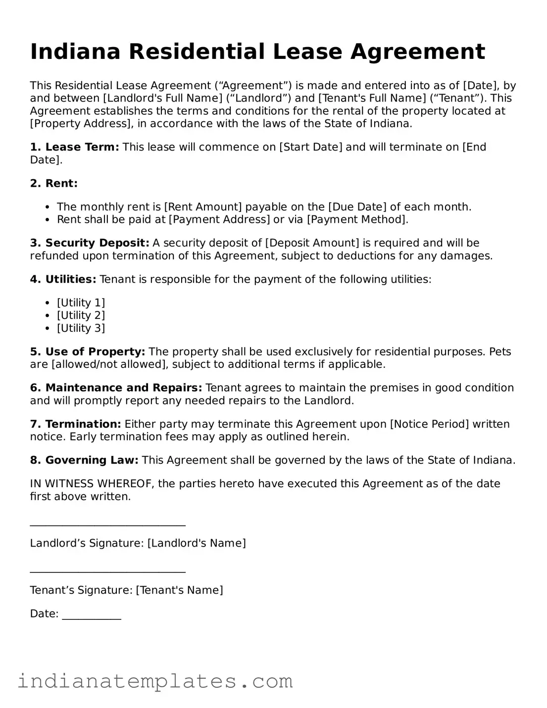 Free Indiana Residential Lease Agreement Template