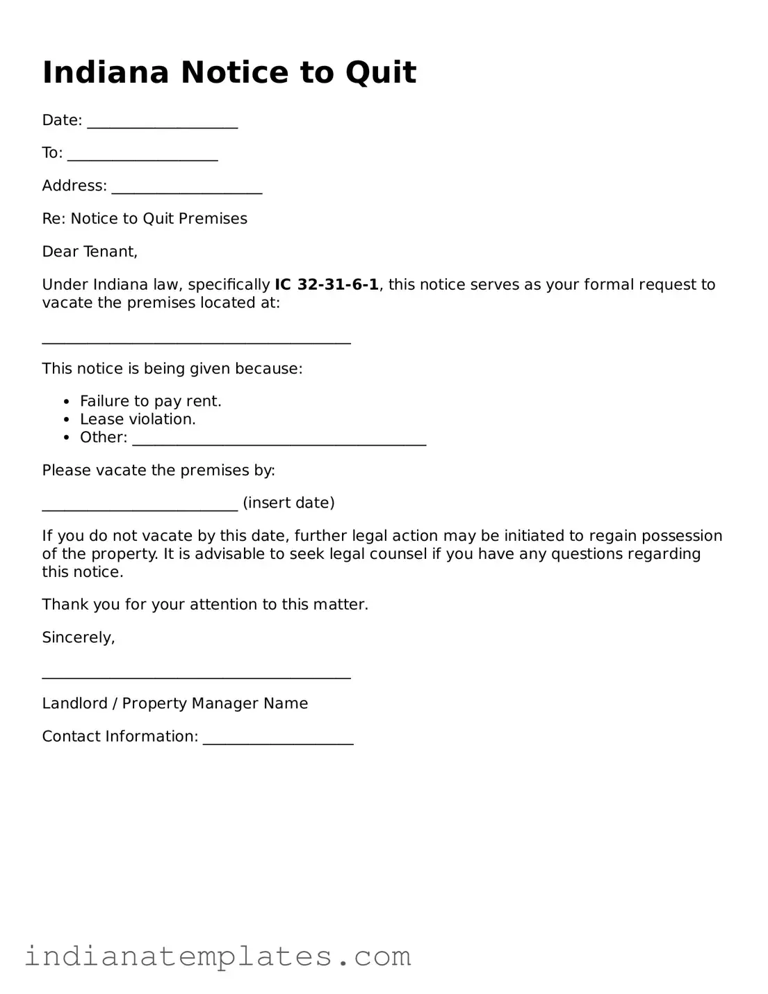 Free Indiana Notice to Quit Template