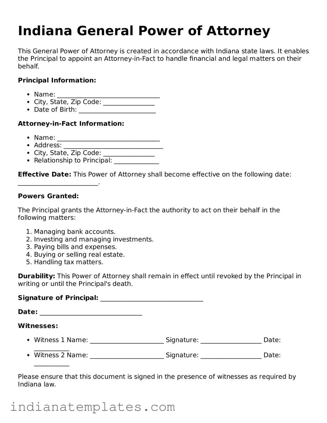 Free Indiana General Power of Attorney Template
