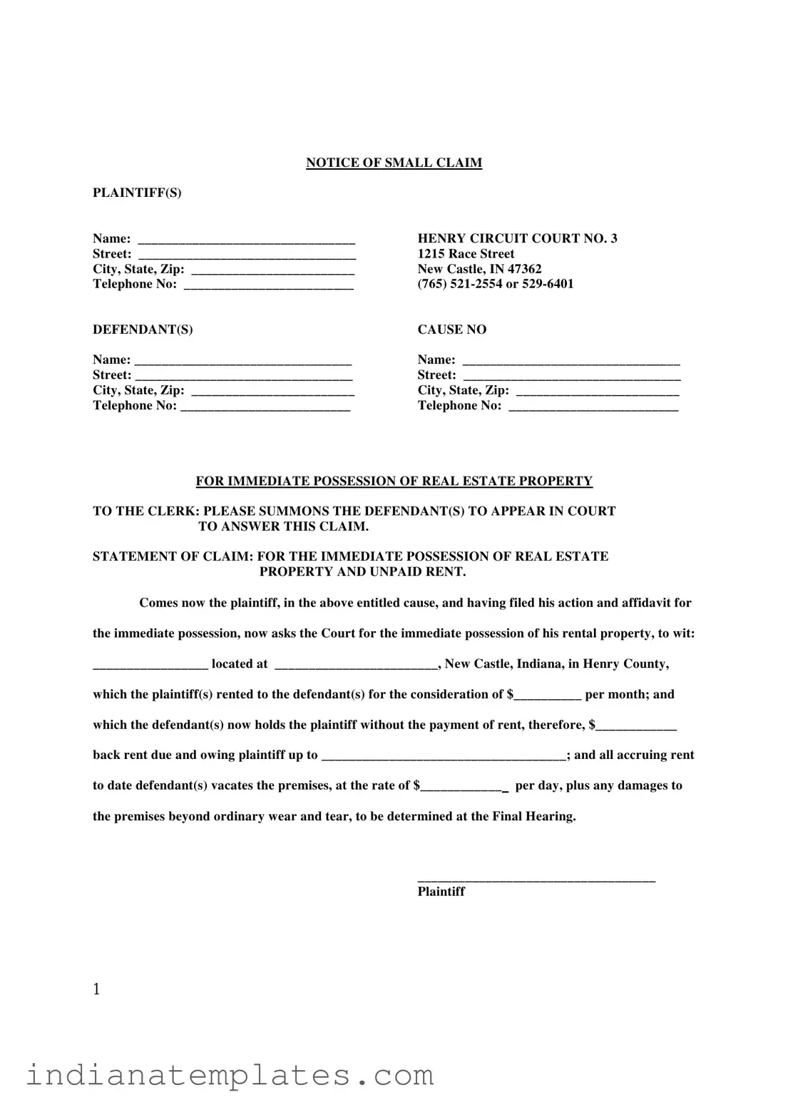 Fill in Your Indiana Immediate Possession Form