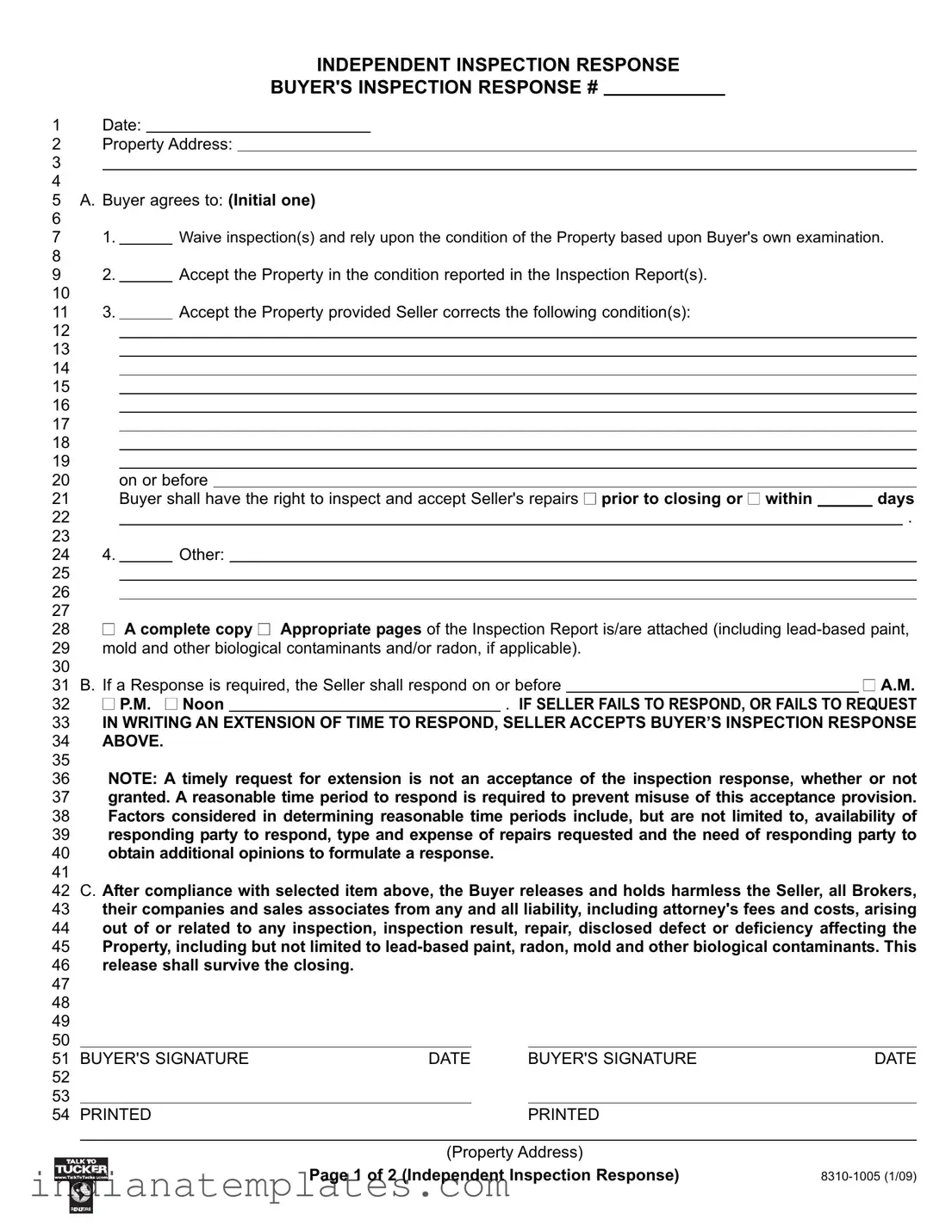 Fill in Your Indiana Inspection Response Form