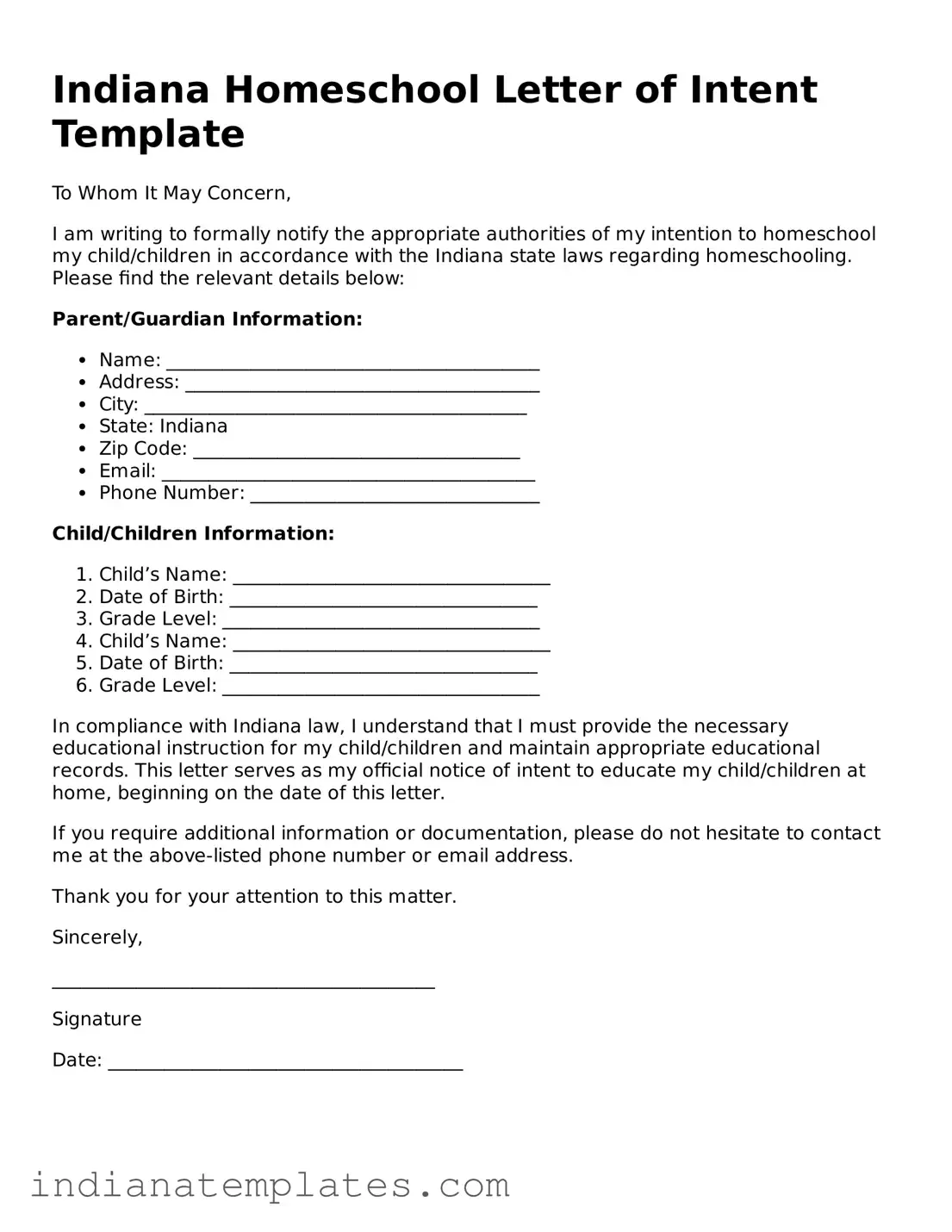 Free Indiana Homeschool Letter of Intent Template