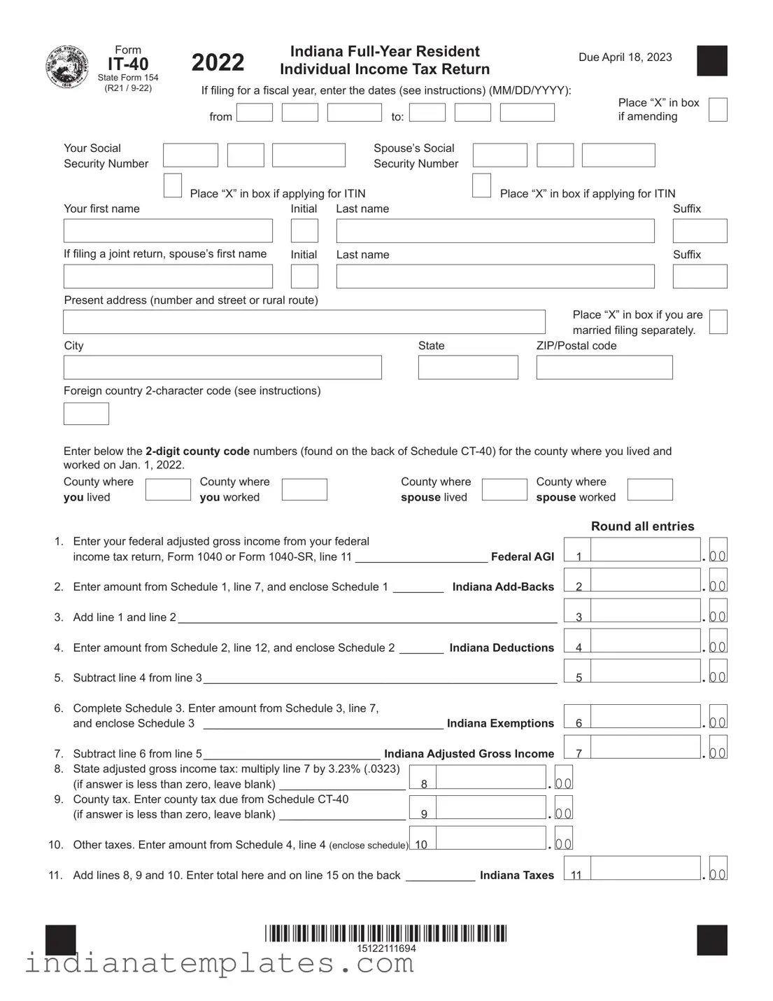 Fill in Your Indiana It 40 Form