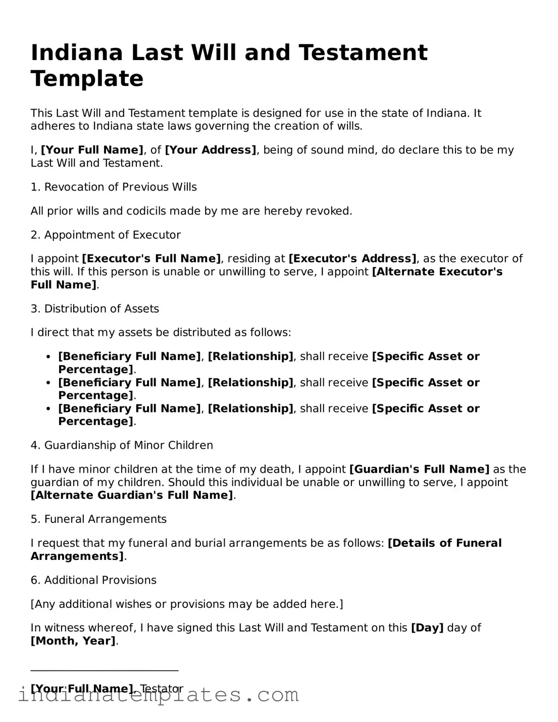 Free Indiana Last Will and Testament Template