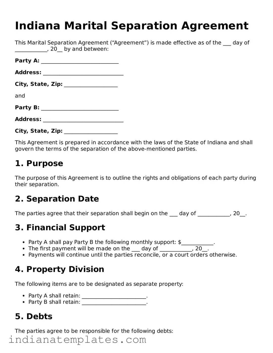 Free Indiana Marital Separation Agreement Template