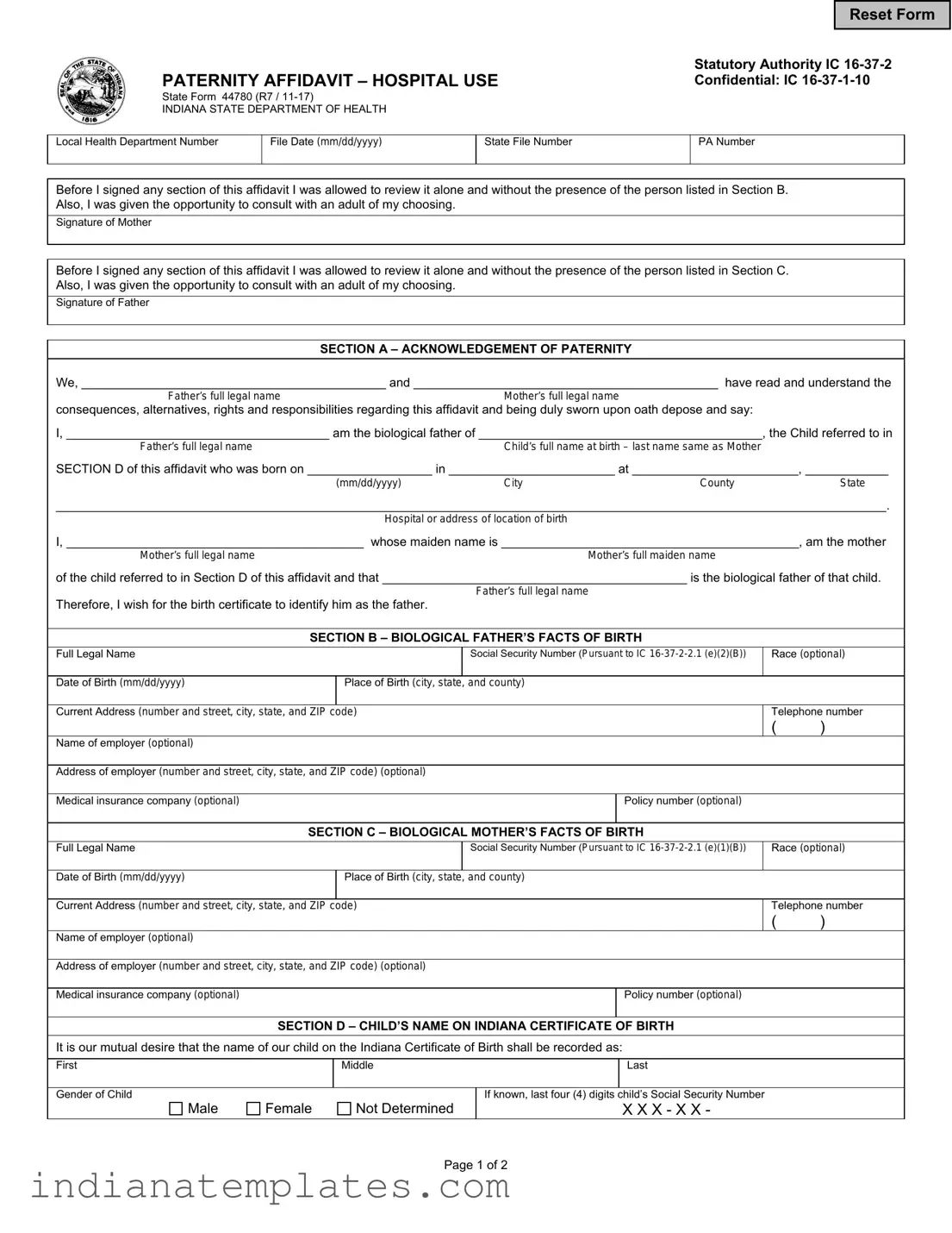 Fill in Your Indiana Paternity Affidavit 44780 Form