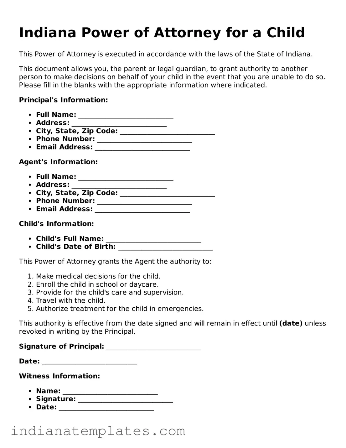 Free Indiana Power of Attorney for a Child Template