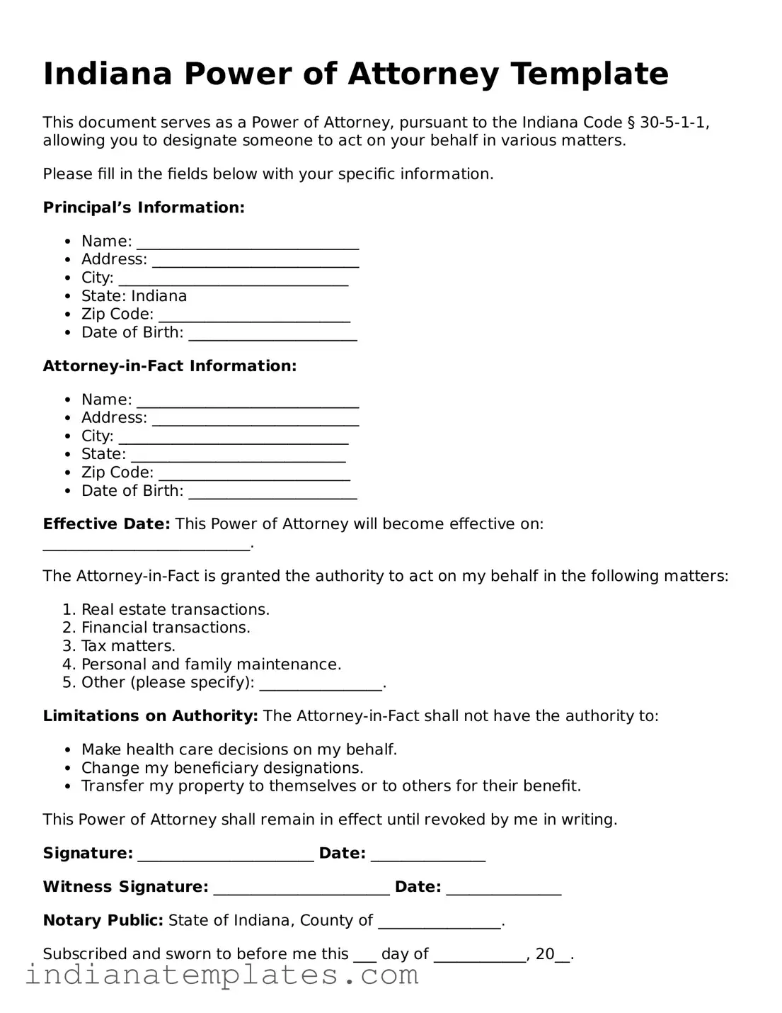 Free Indiana Power of Attorney Template
