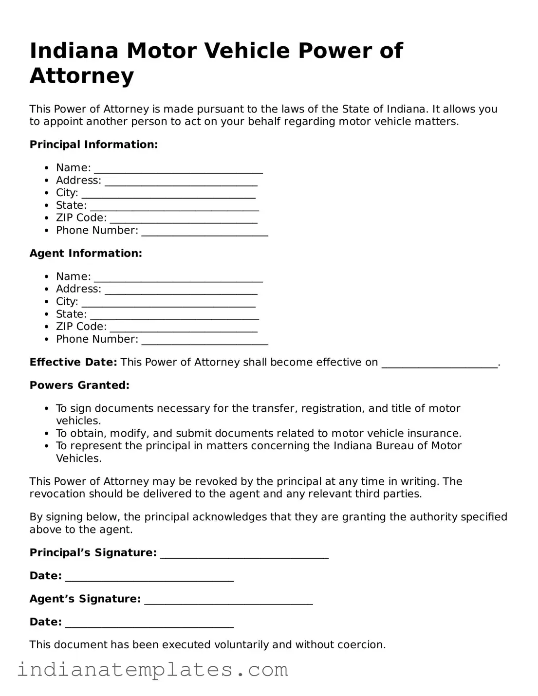 Free Indiana Motor Vehicle Power of Attorney Template