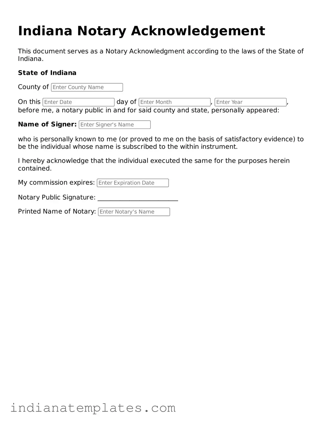 Free Indiana Notary Acknowledgement Template