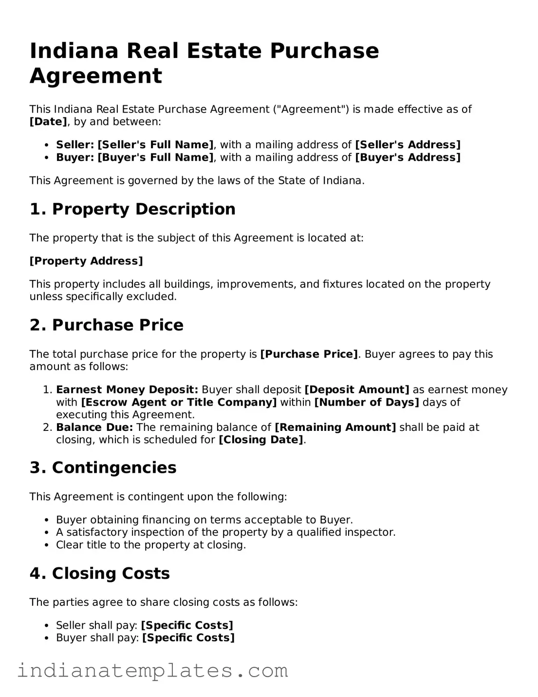 Free Indiana Real Estate Purchase Agreement Template