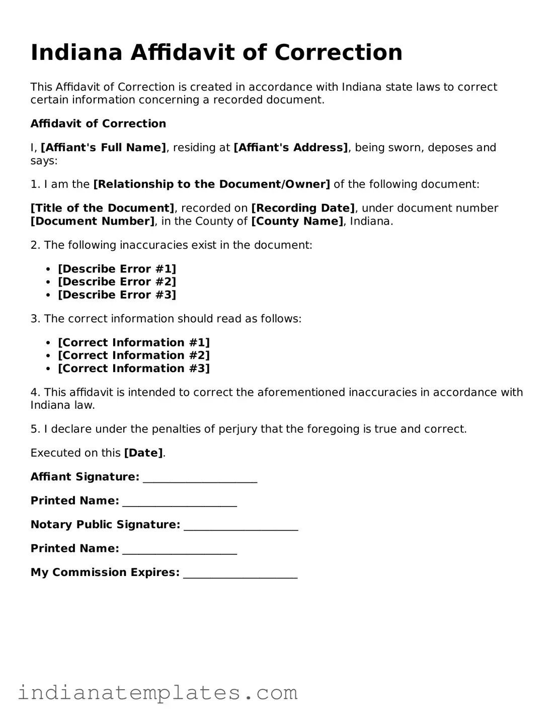 Free Indiana Affidavit of Correction Template