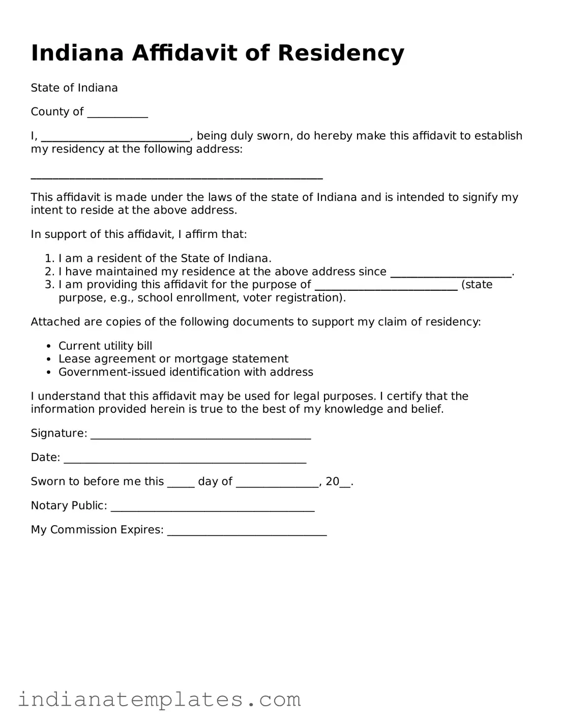 Free Indiana Affidavit of Residency Template
