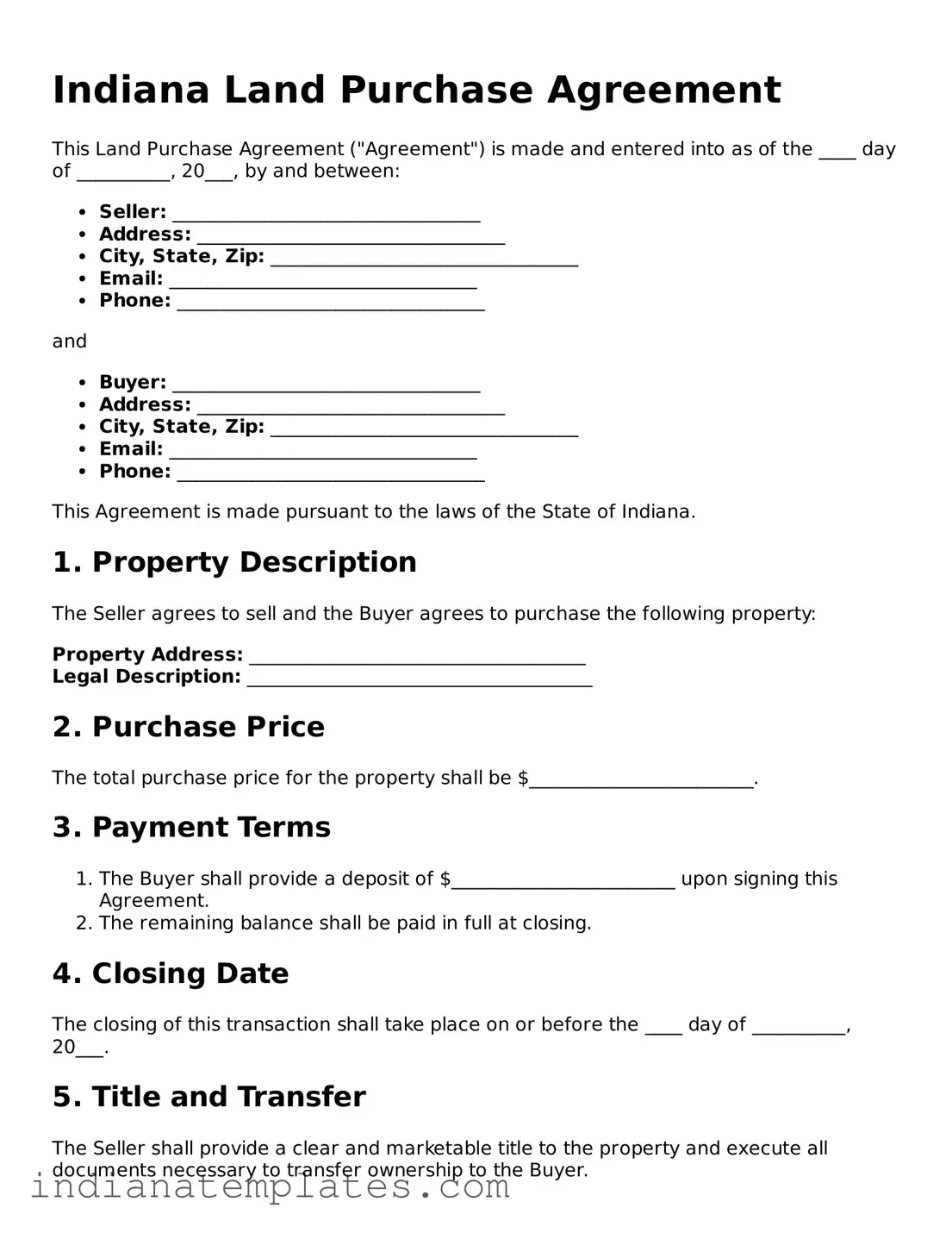 Free Indiana Land Purchase Agreement Template
