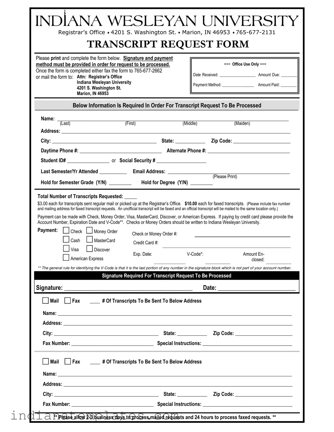 Fill in Your Indiana Transcript Request Form