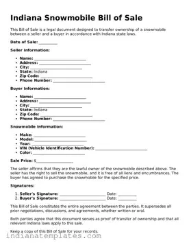 Free Indiana Snowmobile Bill of Sale Template