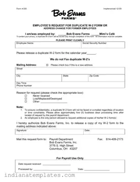 Fill in Your W2 Bob Evans Indianapolis Form